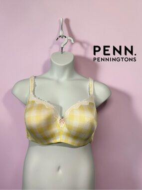 NEW, Deesse Penningtons, Bra 40DDD/E Plus Size, Yellow Gingham Underwire Lace